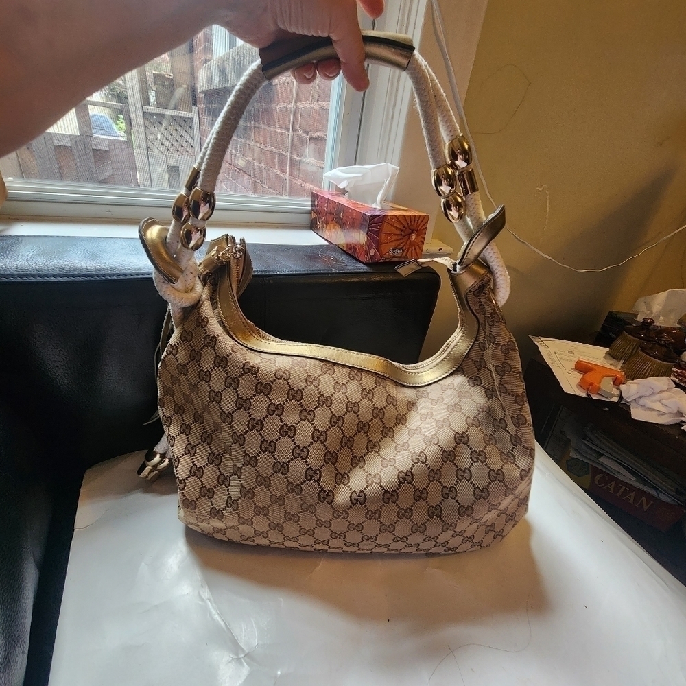 Gucci Beige Monogram Canvas Shoulder Bag with Gold Trim